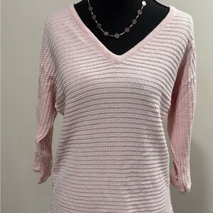 New York & Company Pink V-Neck Sweater with Ruched Sleeves
